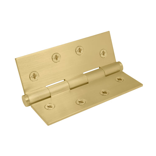 Brass Hinge, Fixed Pin, Flat Tip, 101.6mm x 76.2mm in Matt Satin Brass