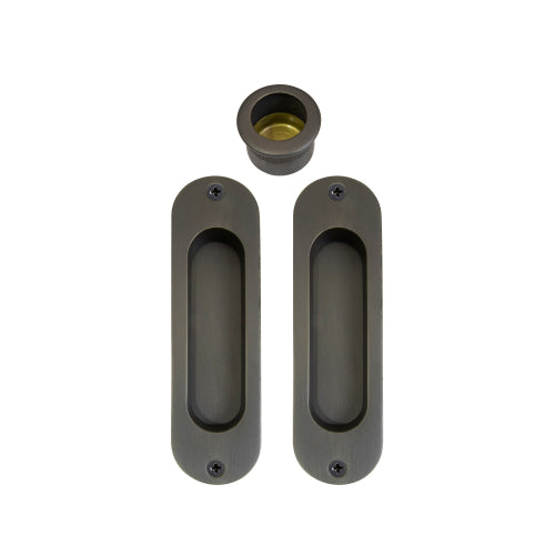 Sliding Door Flush Kit, inc. 2 x Flush Pulls 120mm x 34mm and 1 x Edge Pull Ø29 in Dark Roman Brass