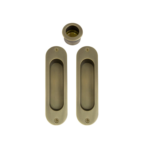 Sliding Door Flush Kit, inc. 2 x Flush Pulls 120mm x 34mm and 1 x Edge Pull Ø29 in Roman Brass