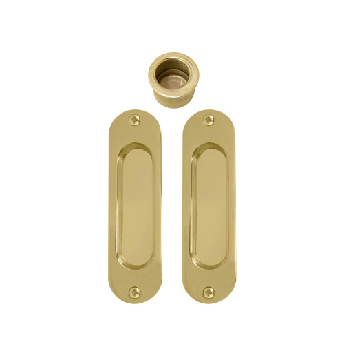 Sliding Door Flush Kit, inc. 2 x Flush Pulls 120mm x 34mm and 1 x Edge Pull Ø29 in Polished Brass Unlacquered