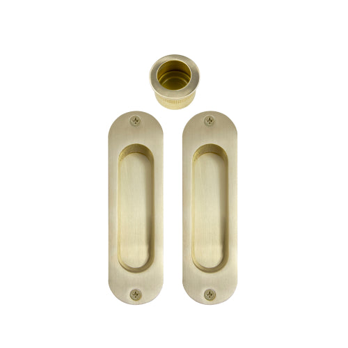 Sliding Door Flush Kit, inc. 2 x Flush Pulls 120mm x 34mm and 1 x Edge Pull Ø29 in Satin Brass Unlaquered
