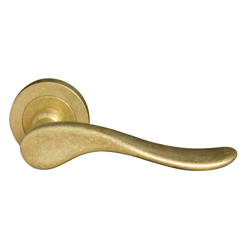 Haven 52mm Round Rose Lever Set in Rumbled Brass