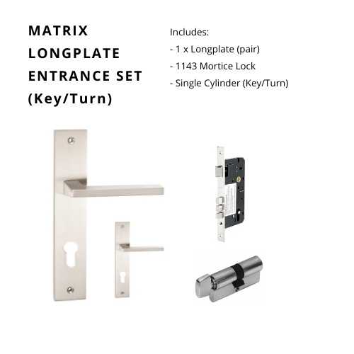 Matrix Longplate Entrance Set, Includes, 8131E85, 1143, 1122 (60mm Key/Turn) in Satin Chrome