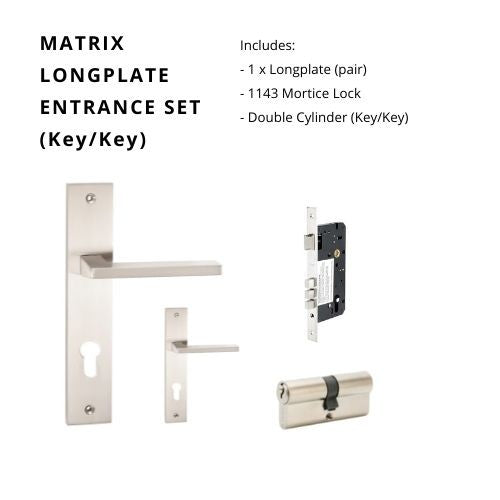 Matrix Longplate Entrance Set, Includes, 8131E85, 1143, 1147 (70mm Key/Key) in Brushed Nickel