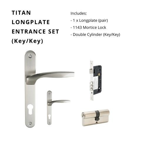 Titan Longplate Entrance Set - includes 7112E85, 1143 & 1121 (60mm Key/Key) in Brushed Nickel