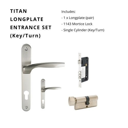 Titan Longplate Entrance Set, Includes 7112E85, 1143 & 1148 (70mm Key/Turn) in Brushed Nickel